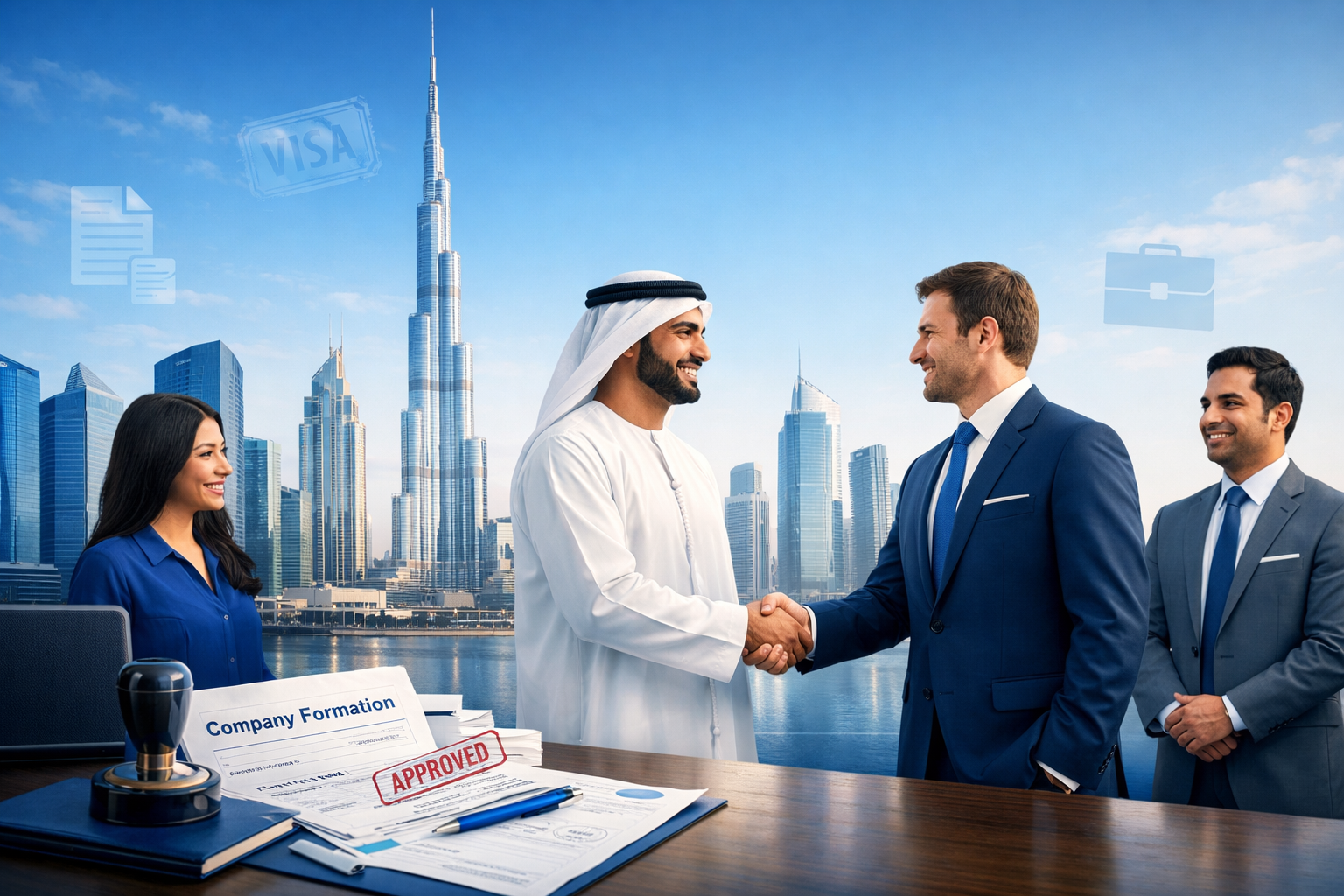 UAE mainland business setup showing Dubai skyline with Burj Khalifa, business professionals shaking hands, and approved company formation documents in a modern corporate setting.