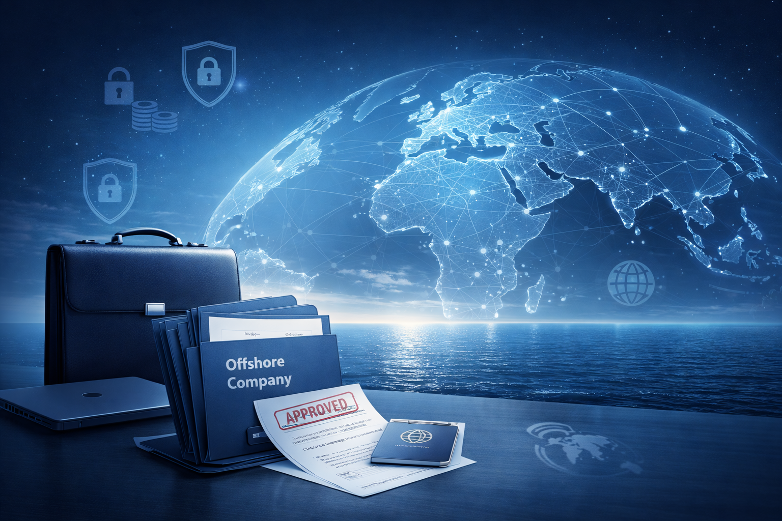 UAE offshore company formation concept showing a global world map, approved offshore registration documents, and secure corporate symbols in a blue international business setting