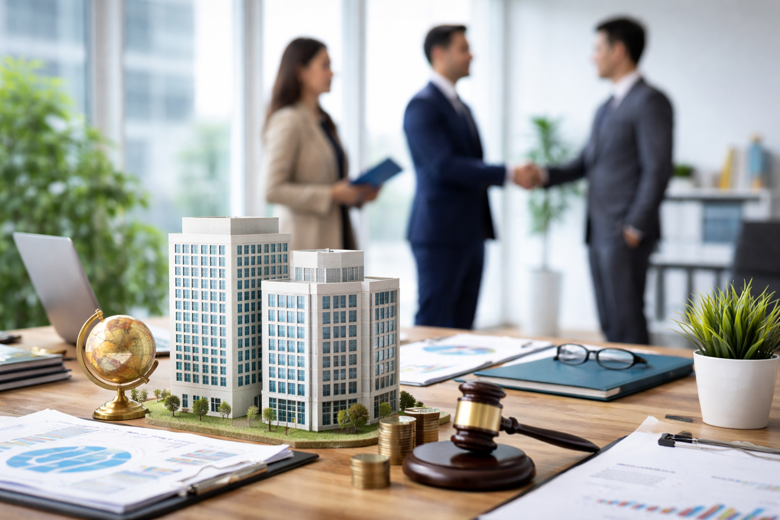 Modern business setup concept with corporate office building models on a desk, legal and financial elements, and professionals shaking hands in a bright office environment.